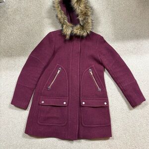 J. Crew Stadium Cloth by Nello Gori. Maroon Hooded Wool Parka Coat with Faux Fur